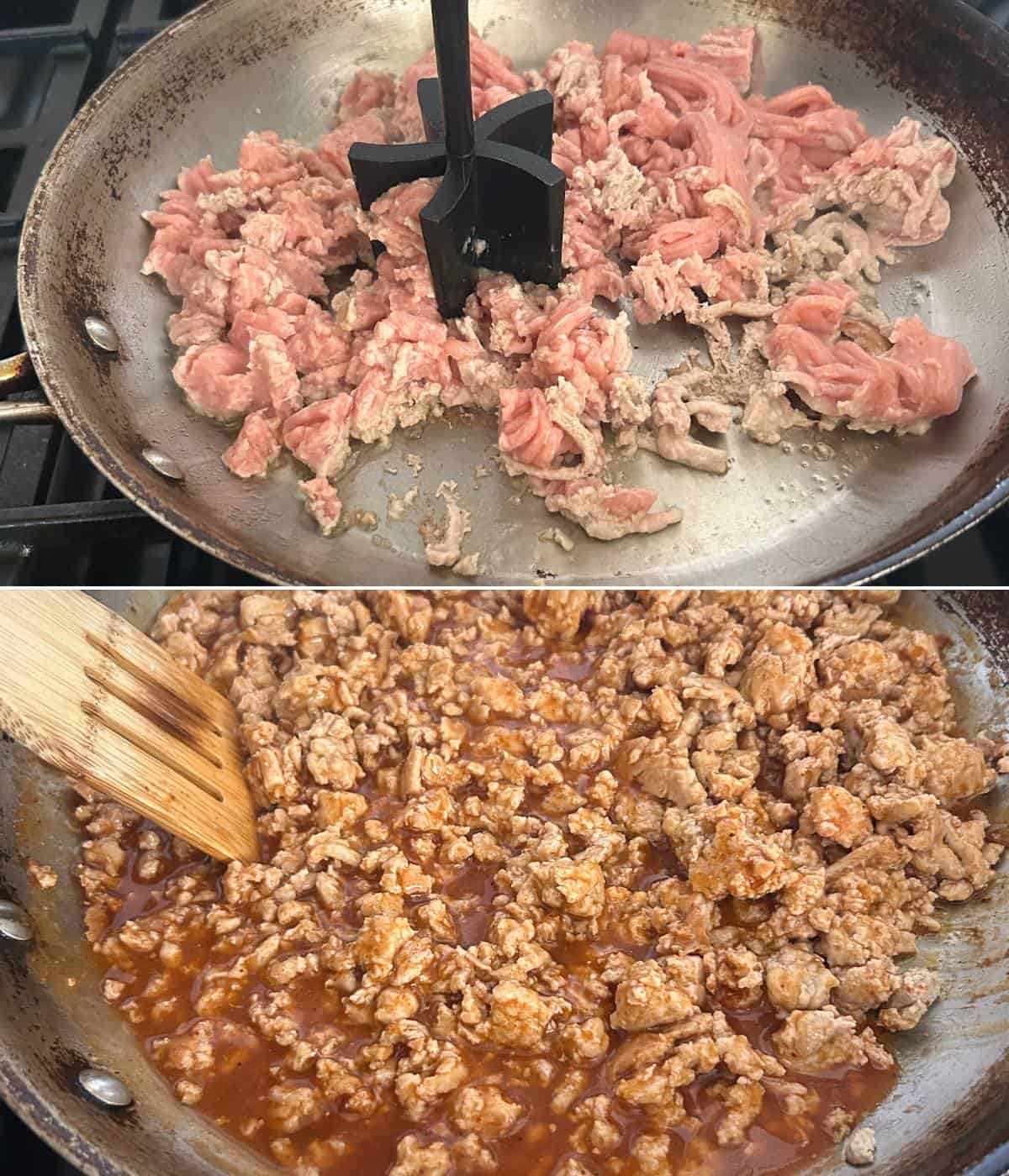 Ground turkey in skillet.