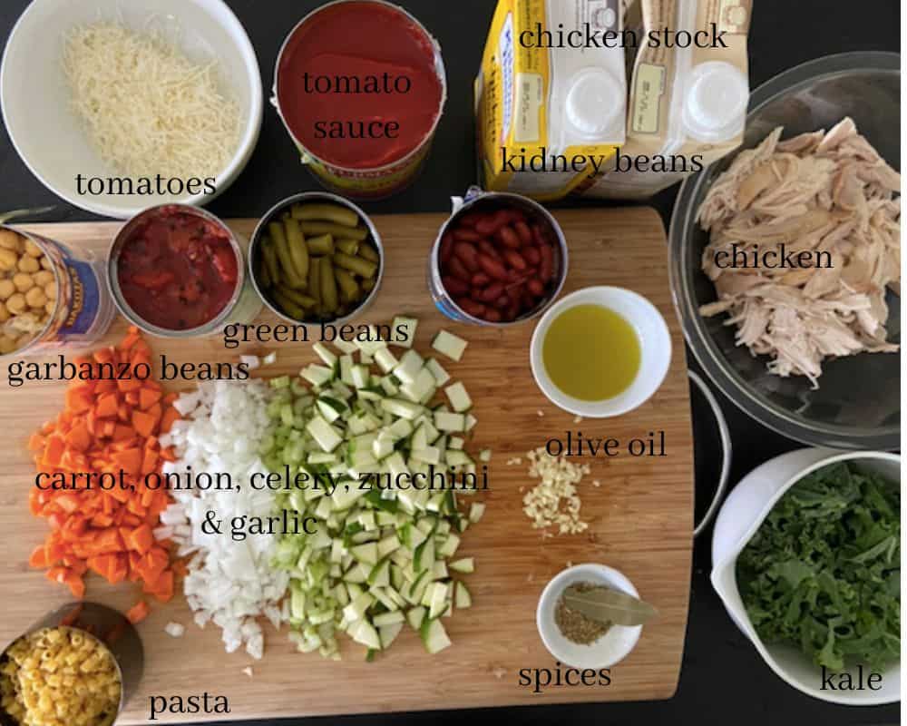 chicken minestrone ingredients on cutting board with text