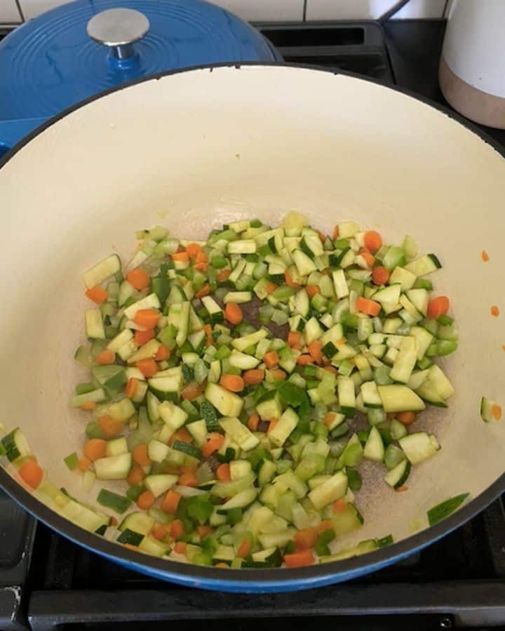 Vegetables cooking in dutch oven