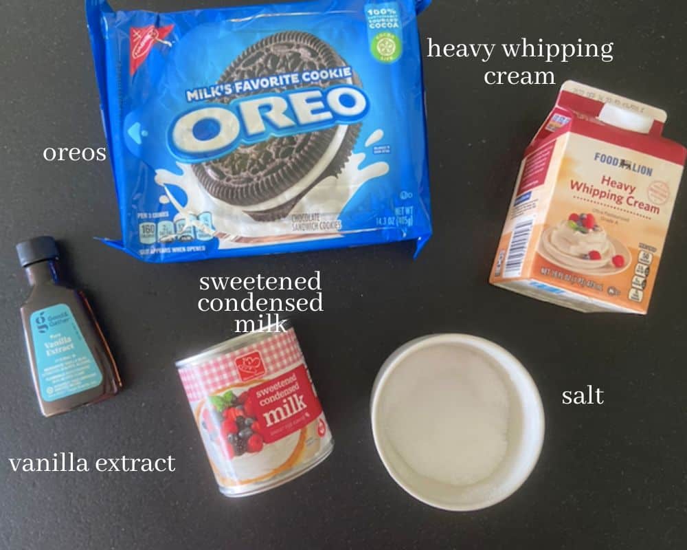 no churn oreo ice cream ingredients on black countertop with text