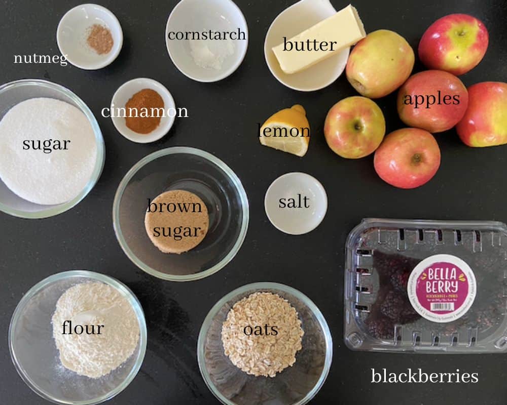ingredients for crumble on countertop with text