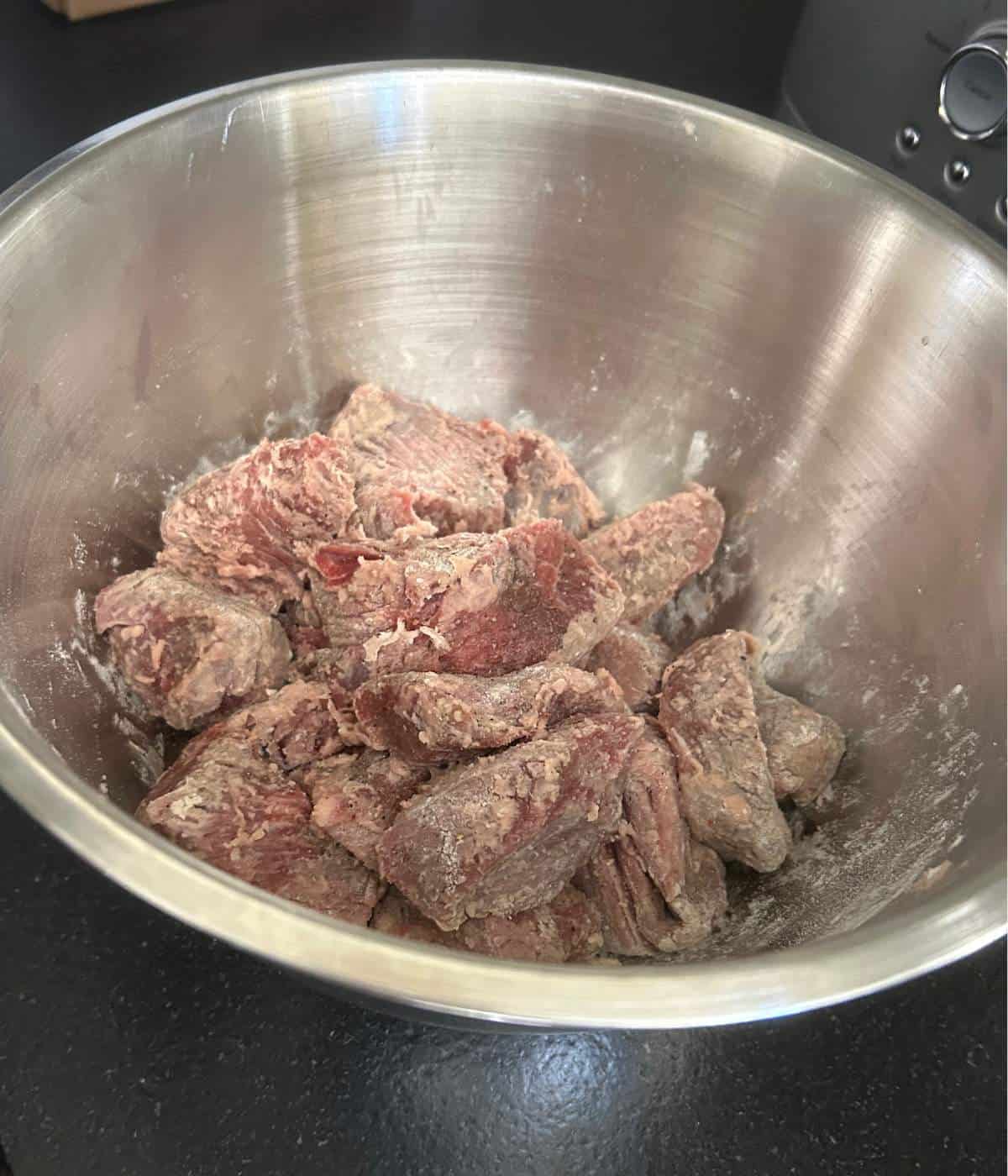 Beef stew meat tossed in flour.