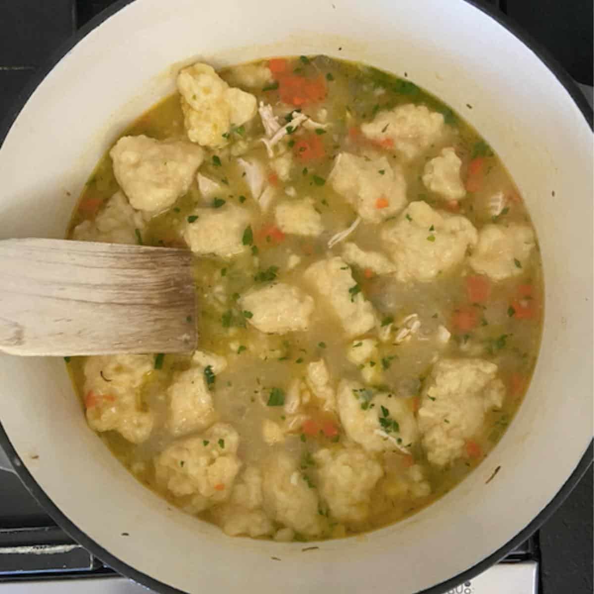 chicken and dumpling soup with wooden spoon in dutch oven