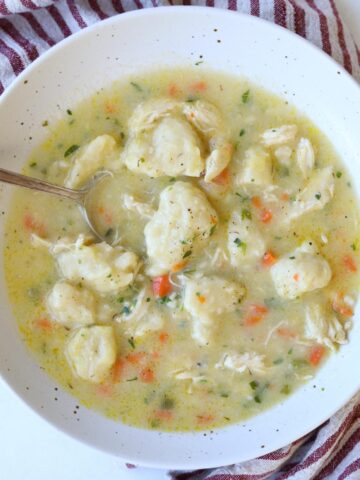 large white speckled bowl full of chicken and dumplings