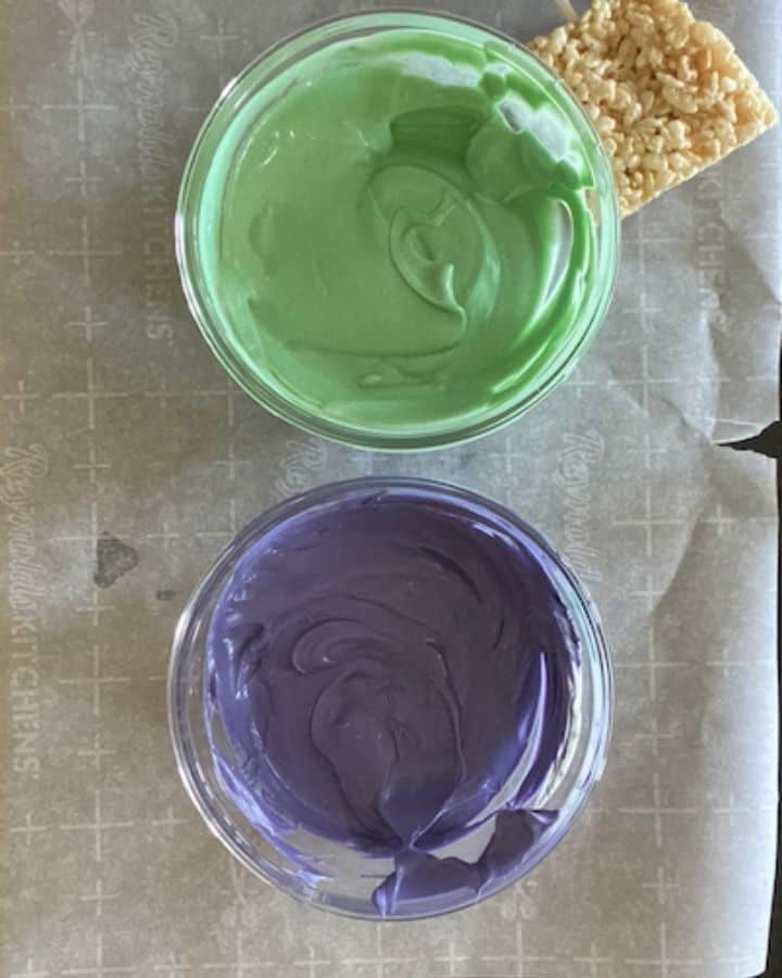 purple and green bowls of melted candy