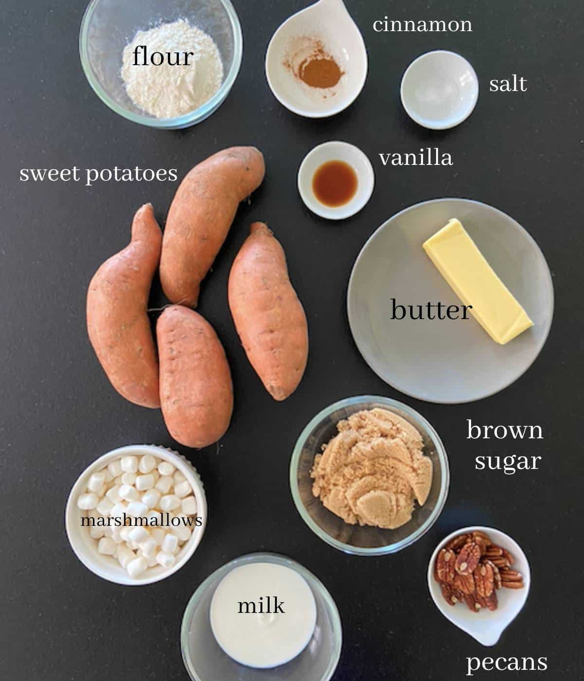 Ingredients for sweet potato casserole on countertop.