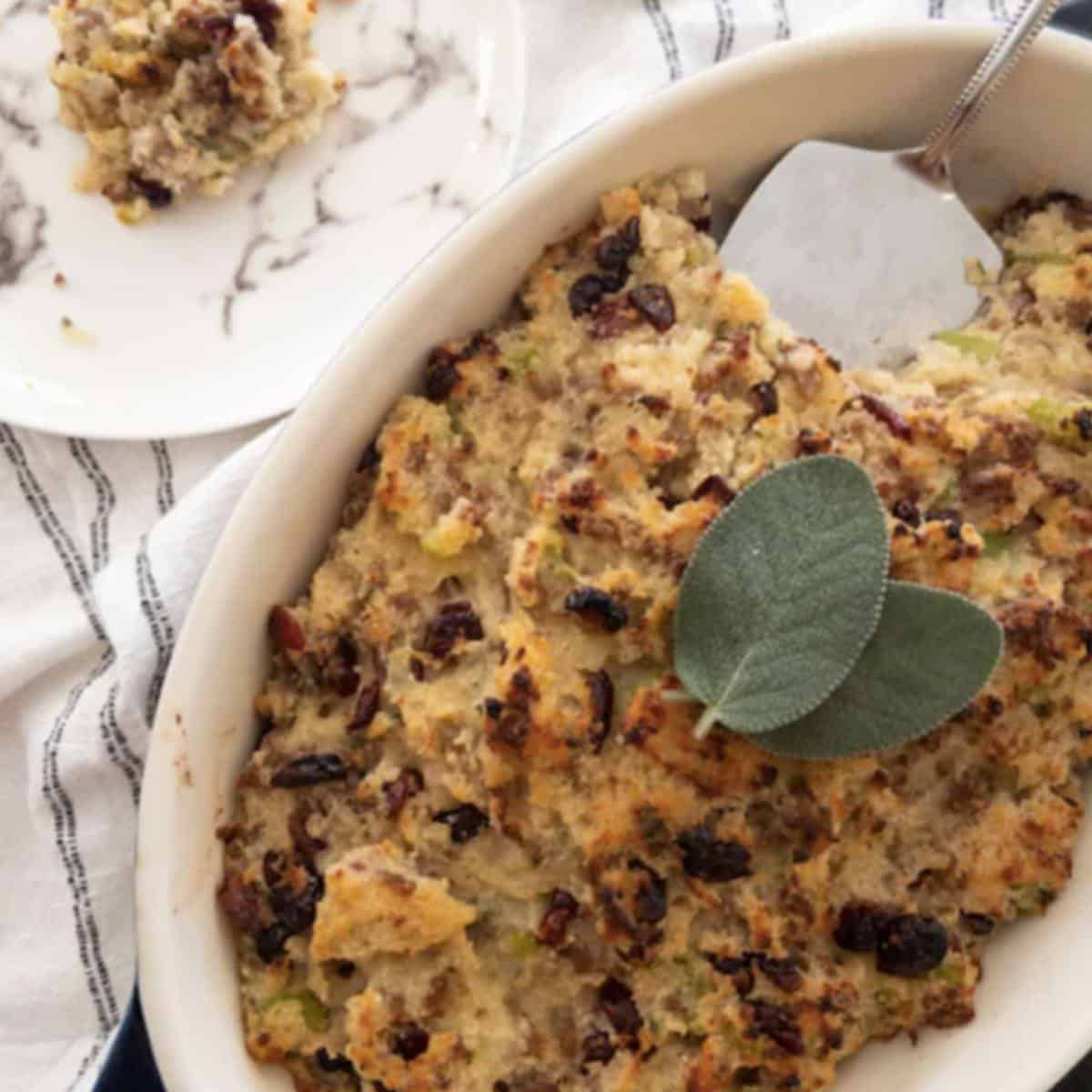 Cornbread dressing with cranberries and sage.