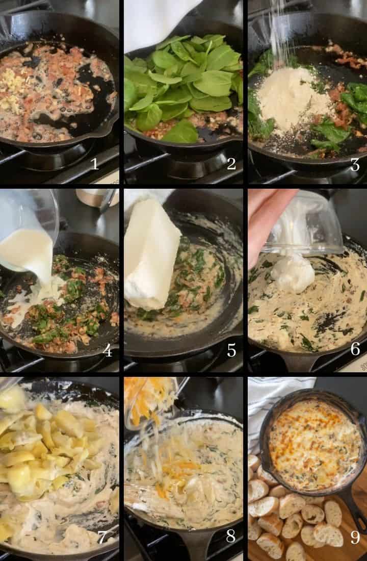 process shots for no mayo spinach artichoke dip