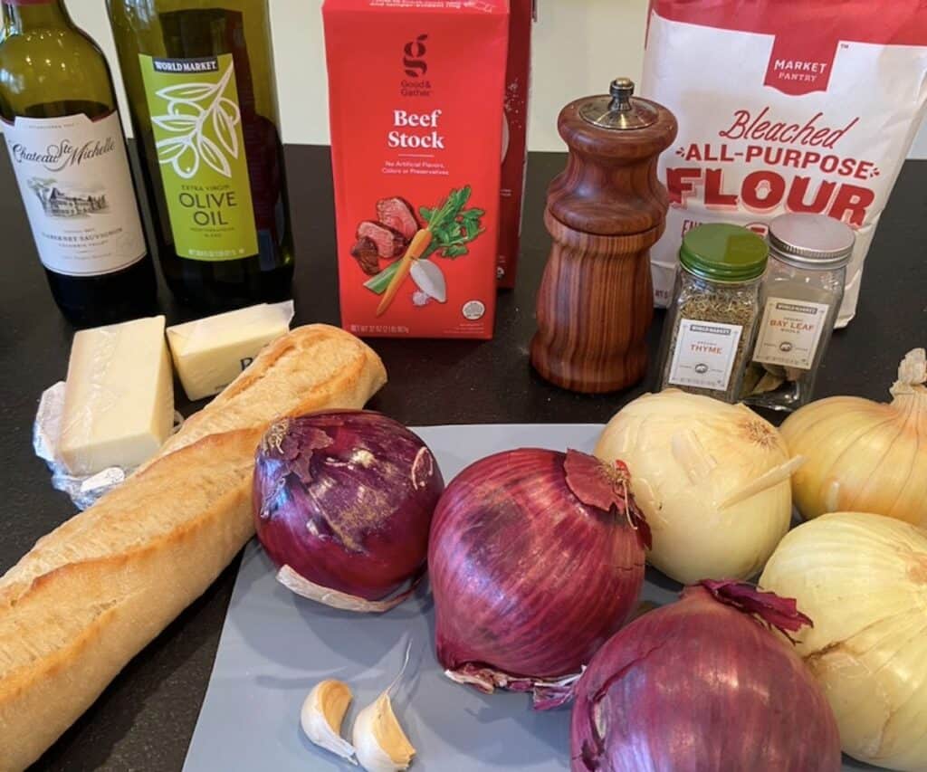 ingredients pictured for french onion soup