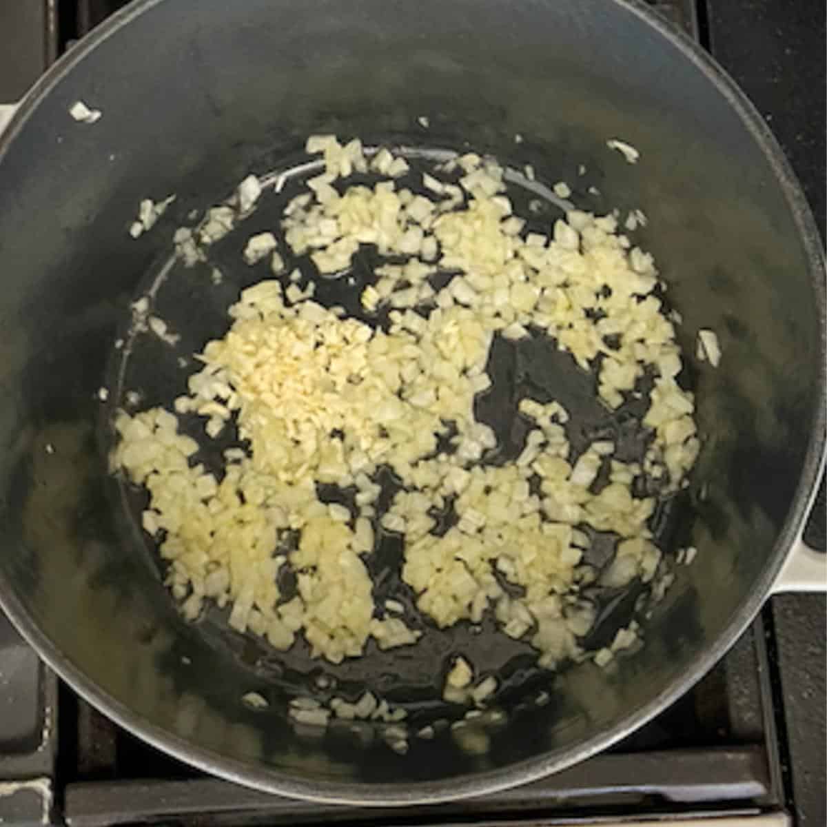 garlic and onion cooking in dutch oven