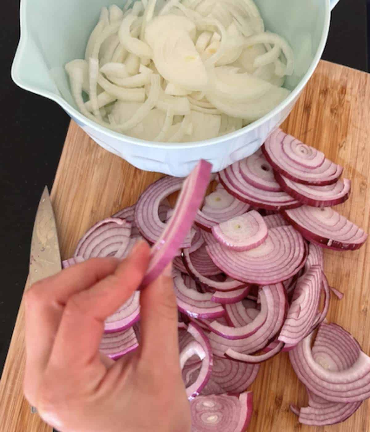 Red and yellow onions sliced.