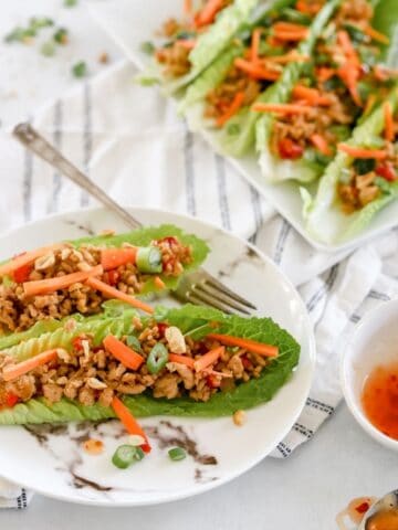 ground chicken lettuce wraps served on a plate with a side of red chili dipping sauce