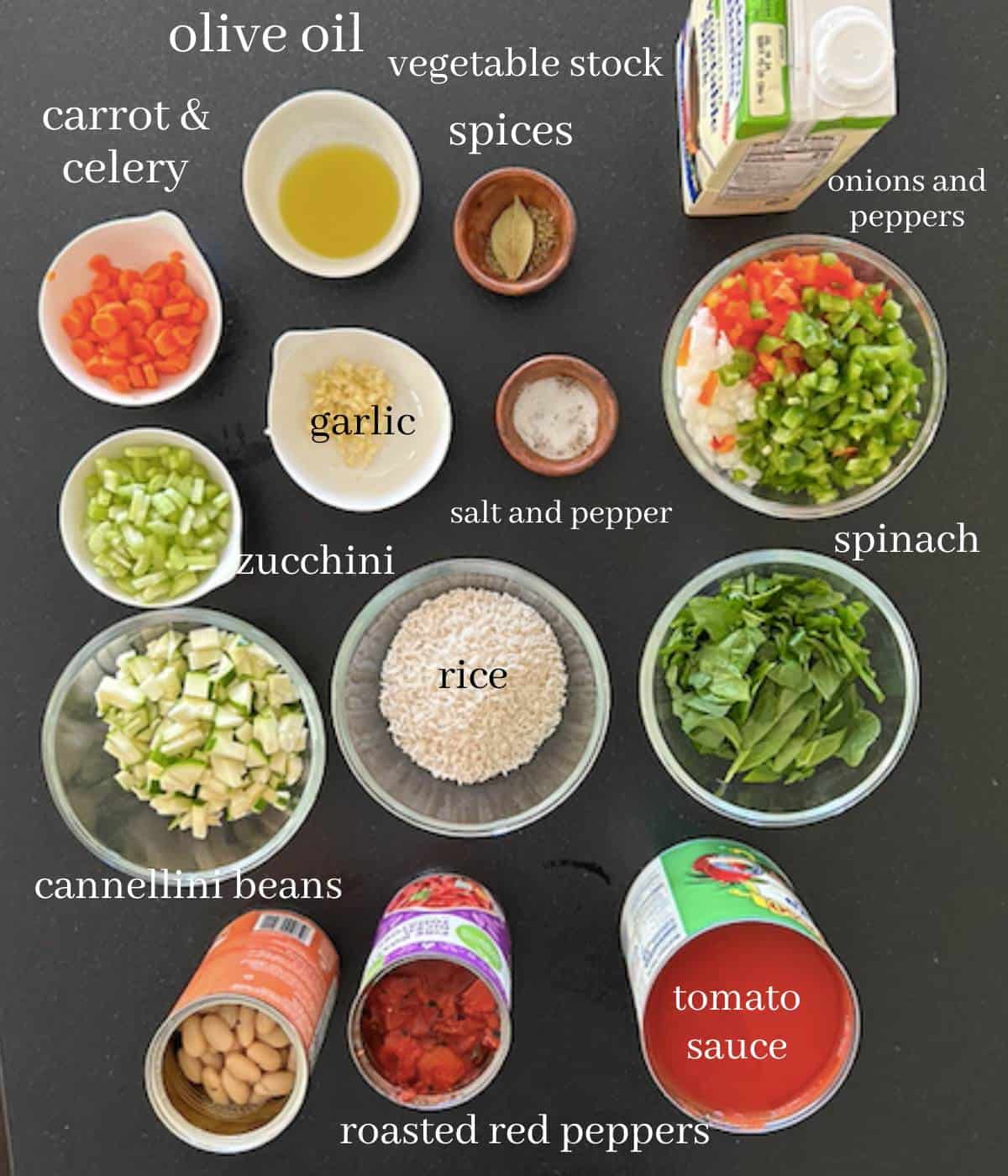 Vegetable rice soup ingredients.