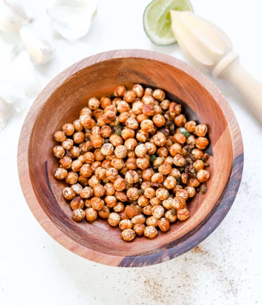 wooden bowl of chili lime sautéed chickpeas