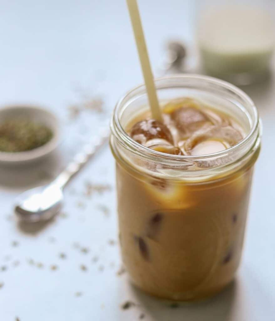 iced lavender latte in ball jar with straw