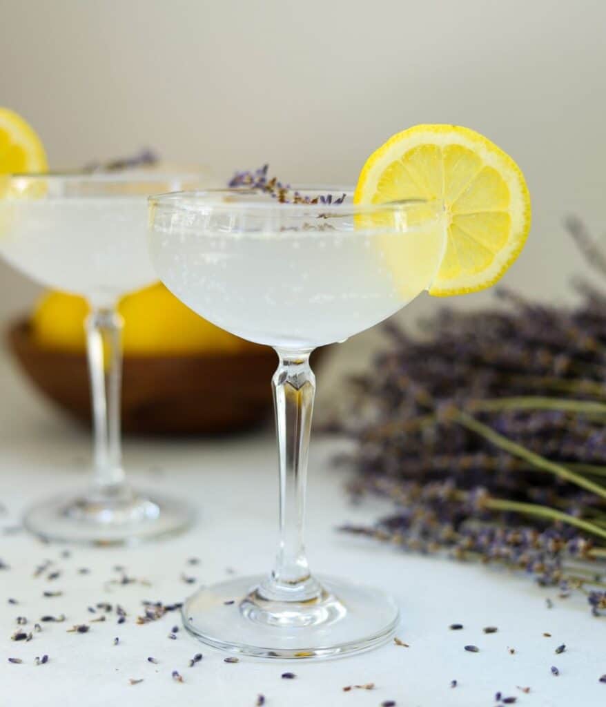 two lavender lemonade cocktails