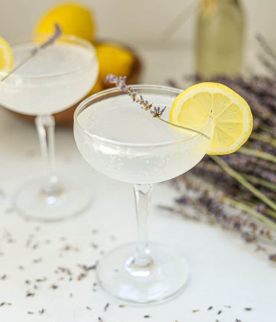 cocktail glass with lavender lemonade cocktail topped with lemon