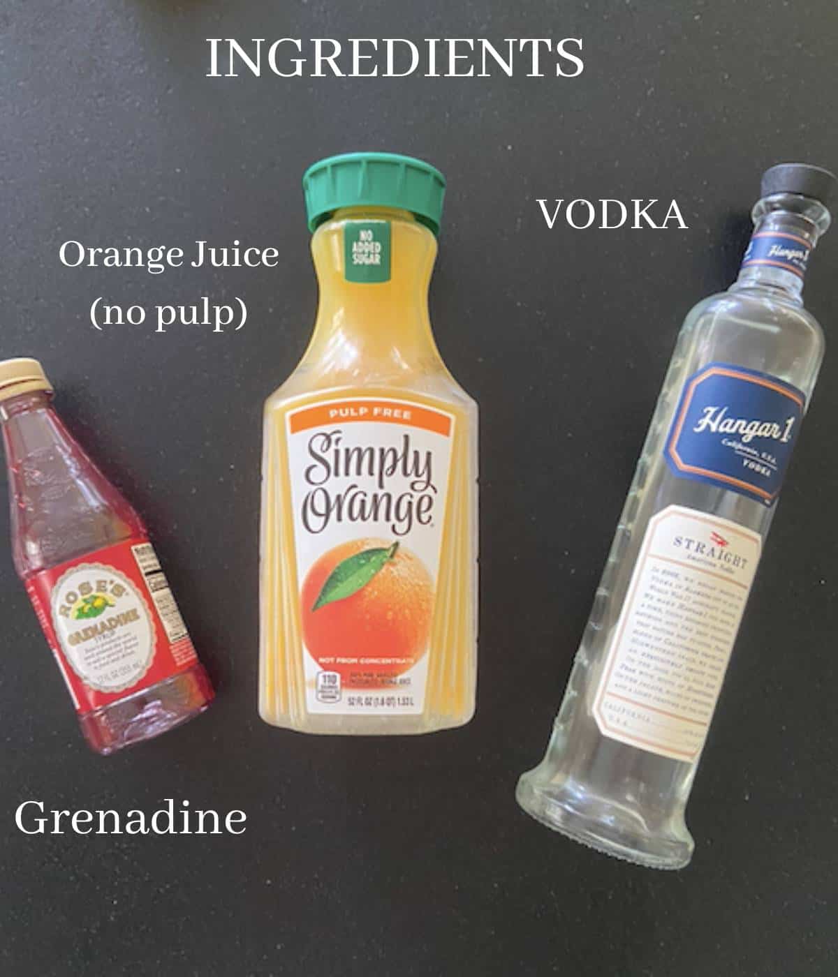 vodka sunrise ingredients on black countertop with text.