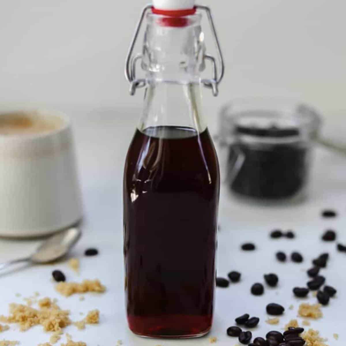 Brown sugar simple syrup in swing top bottle.