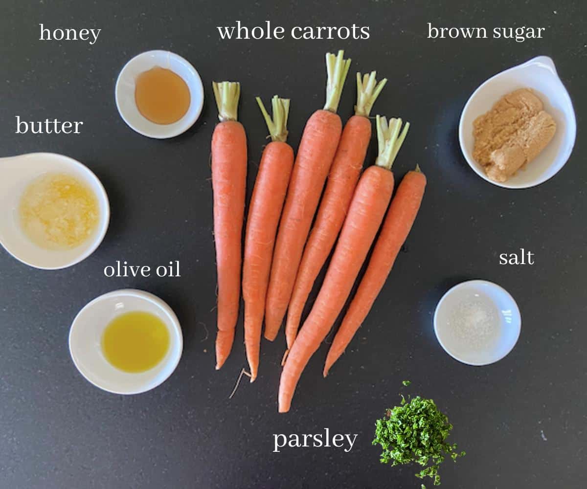 glazed carrot ingredients on black countertop with text