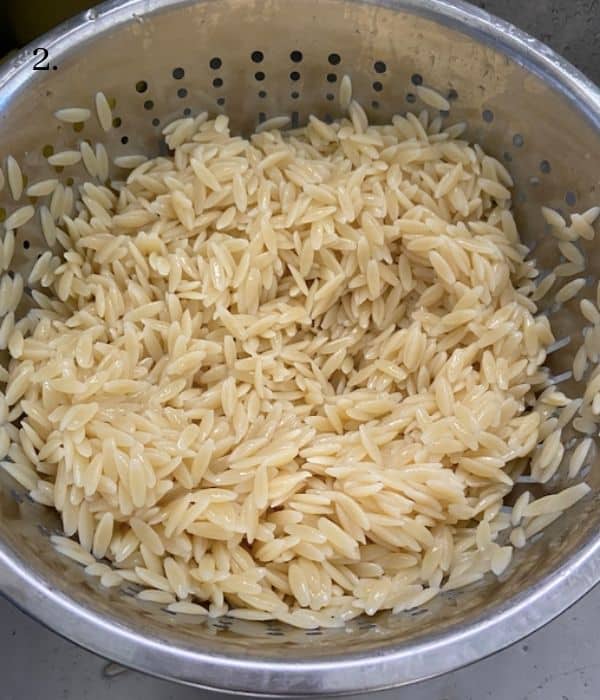 orzo pasta in strainer