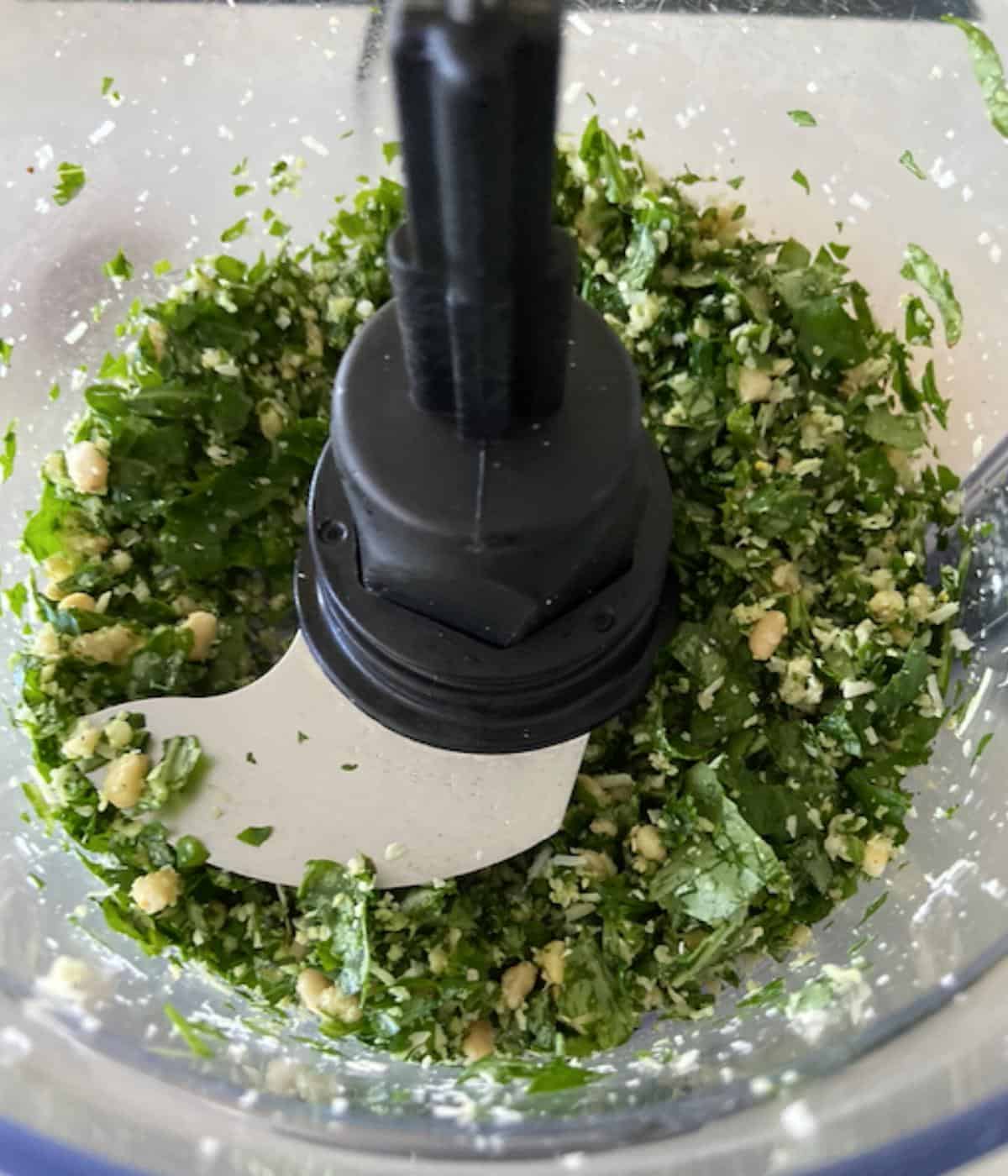 Basil, olive oil, garlic, parmesan cheese and salt and pepper pulsed in food processor