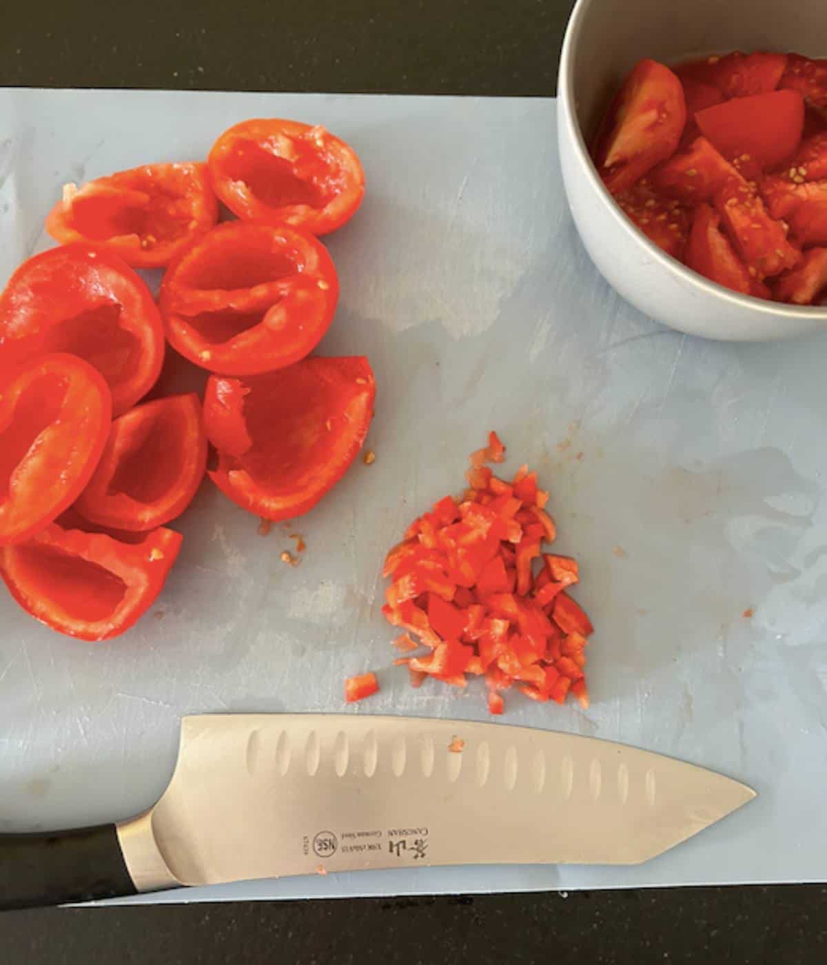Tomatoes with seeds removed then diced.