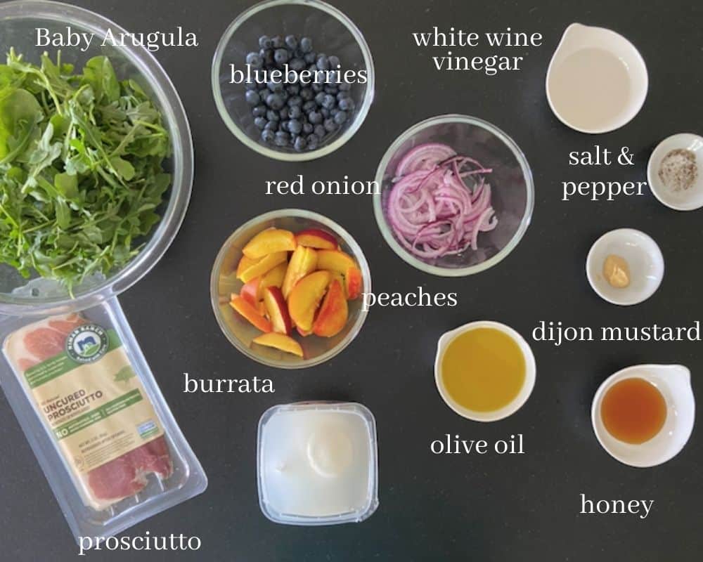 ingredients for peach and burrata salad with text labeling each item