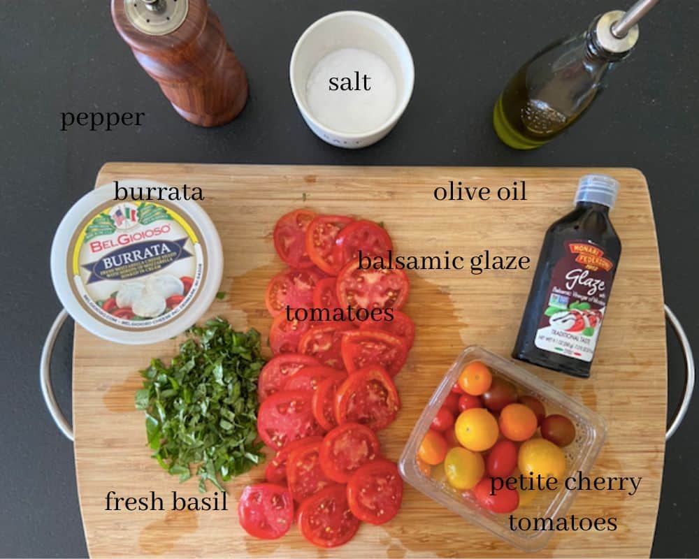 caprese burrata ingredients on cutting board with text