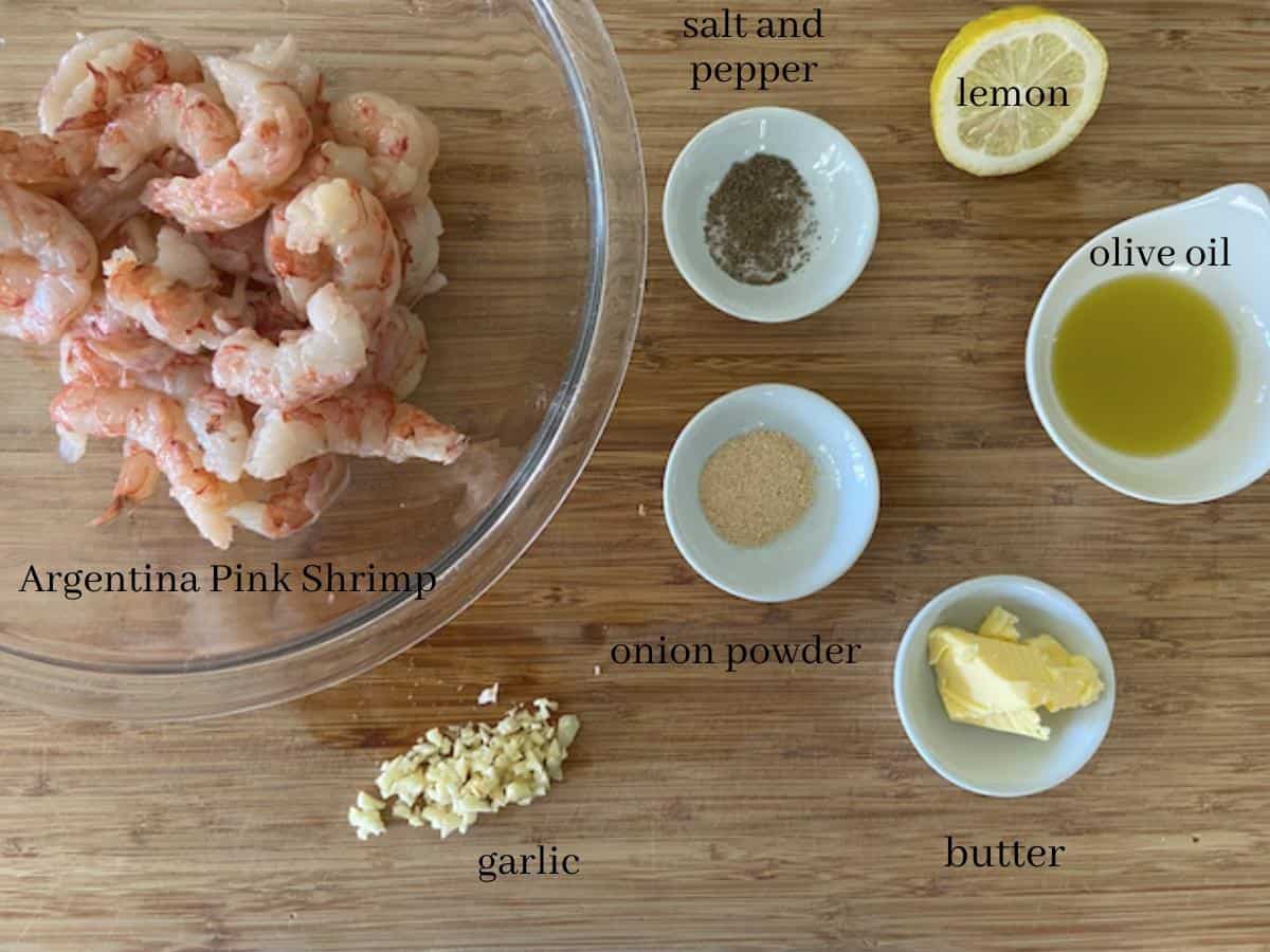 pan fried shrimp ingredients on cutting board with text added
