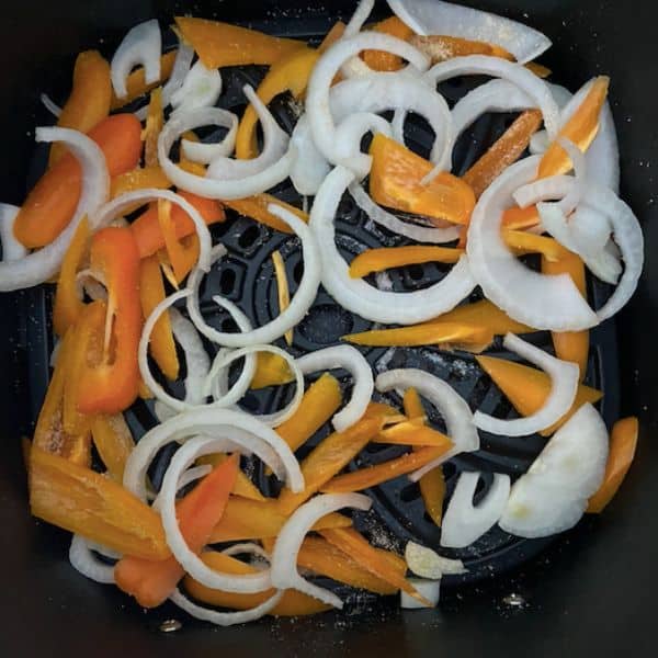 peppers and onions in air fryer with seasoning