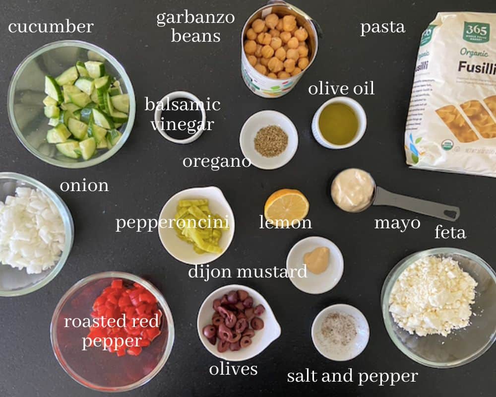 pasta salad ingredients with text