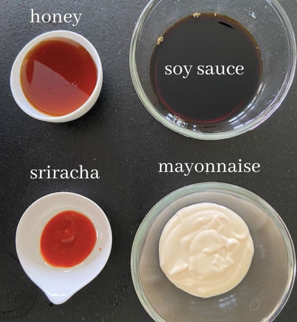 sriracha mayo and honey soy sauce ingredients with text