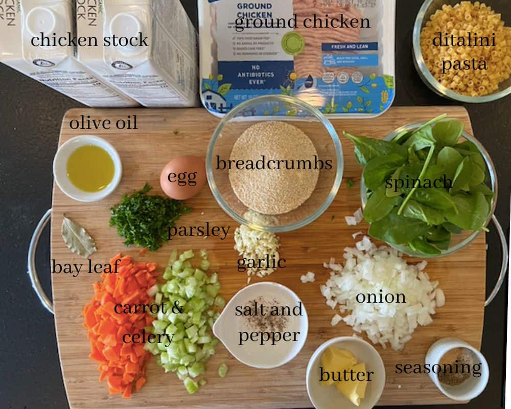 chicken meatball soup ingredients on cutting board with text