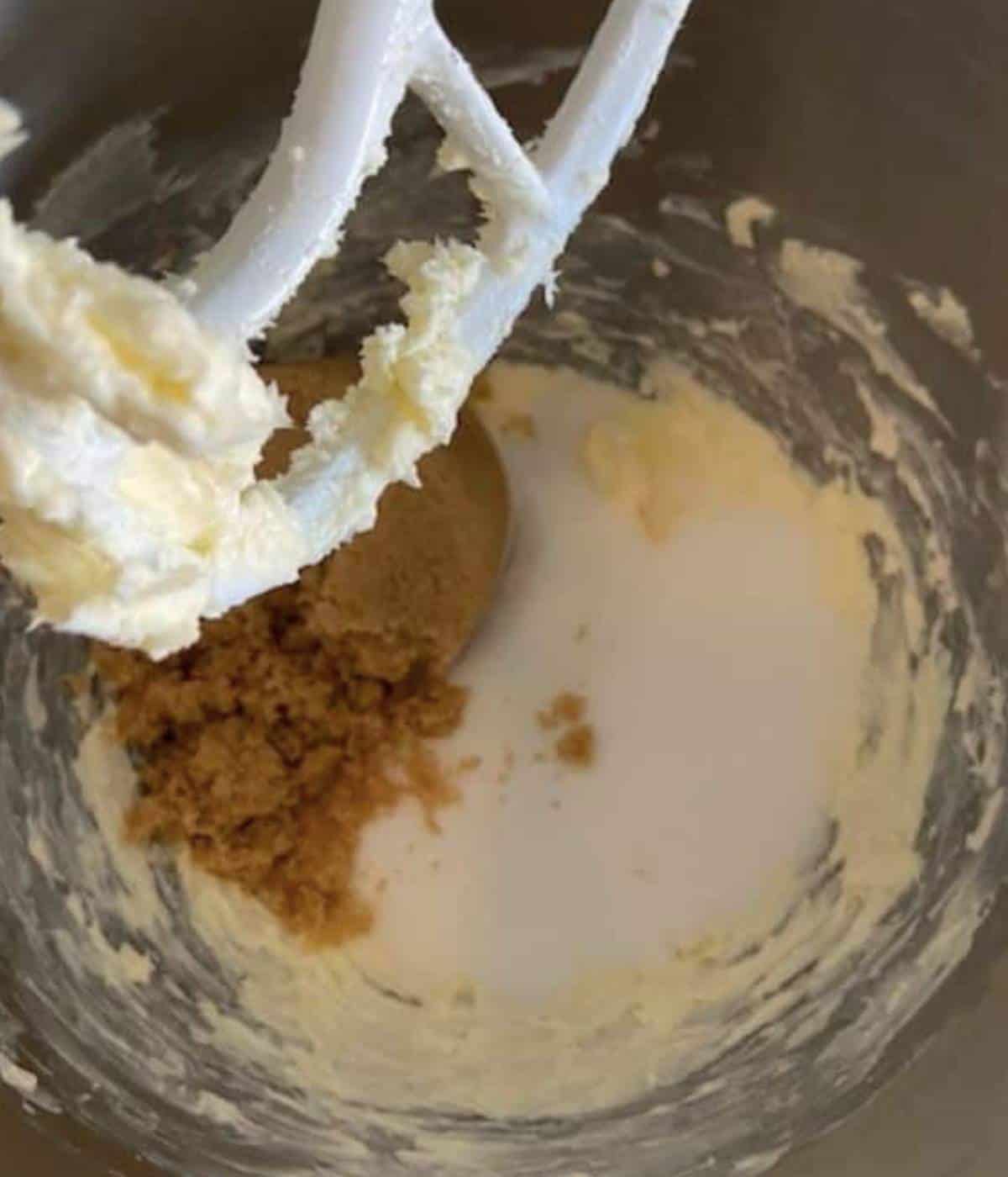 Creaming butter and sugars in stand mixer.