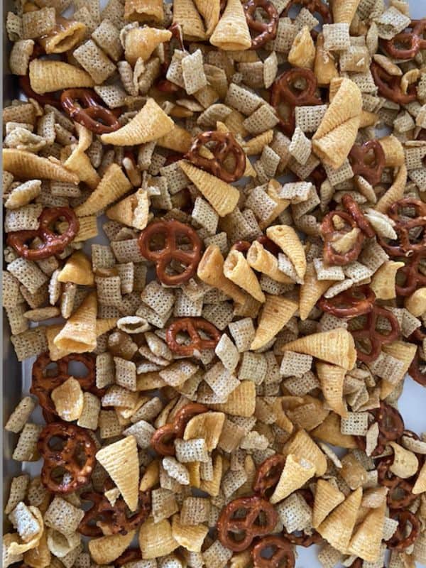 snack mix on cookie sheet