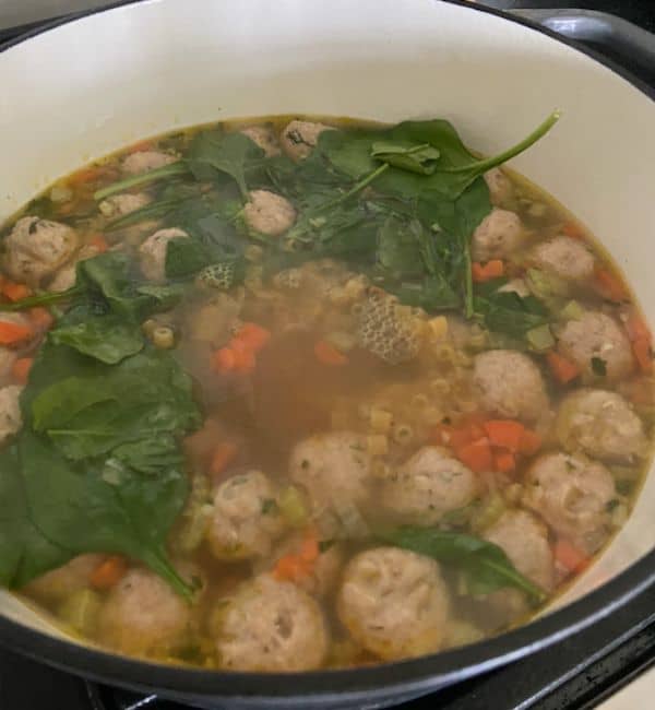 chicken meatball soup in dutch oven