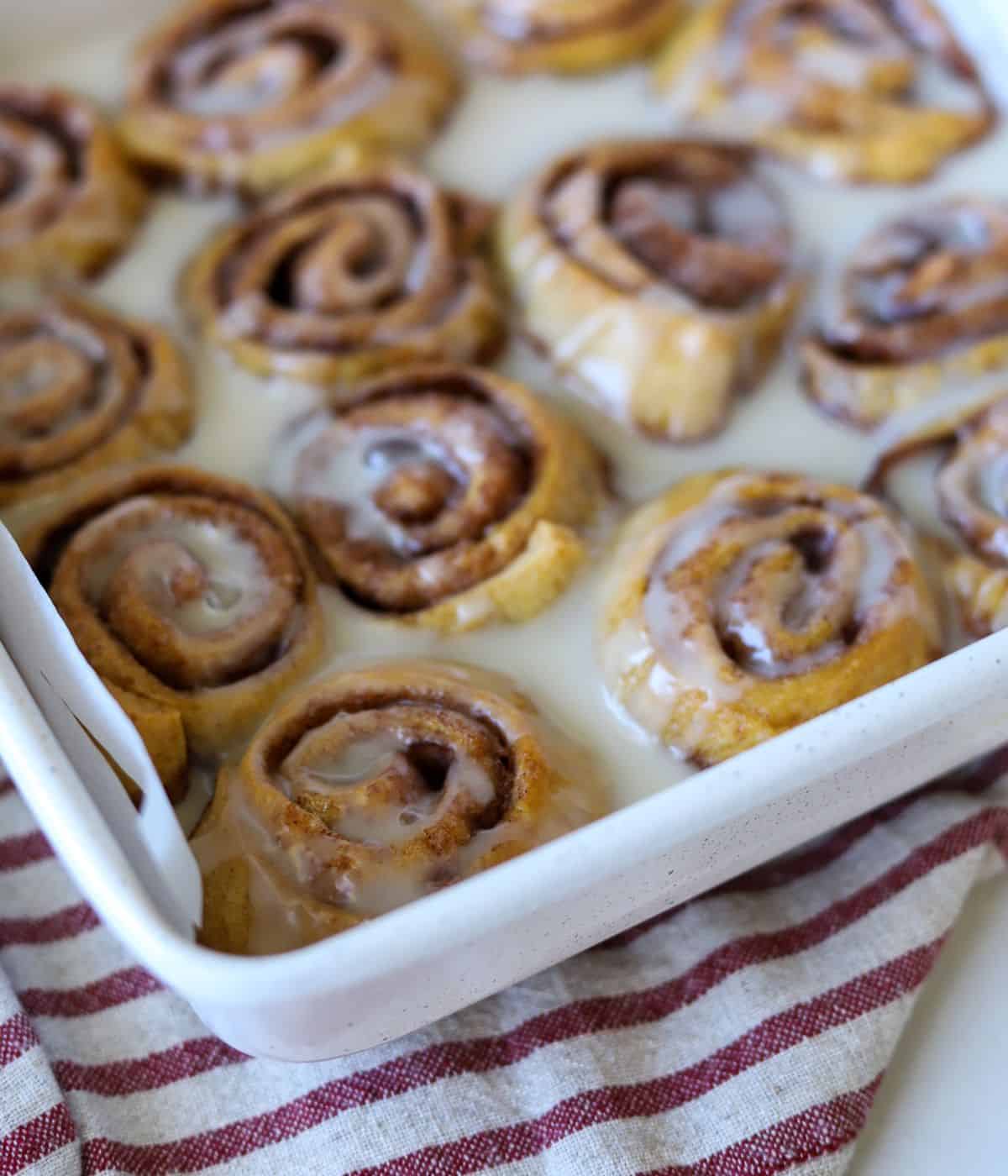 crescent roll cinnamon buns in a 8x8 pan