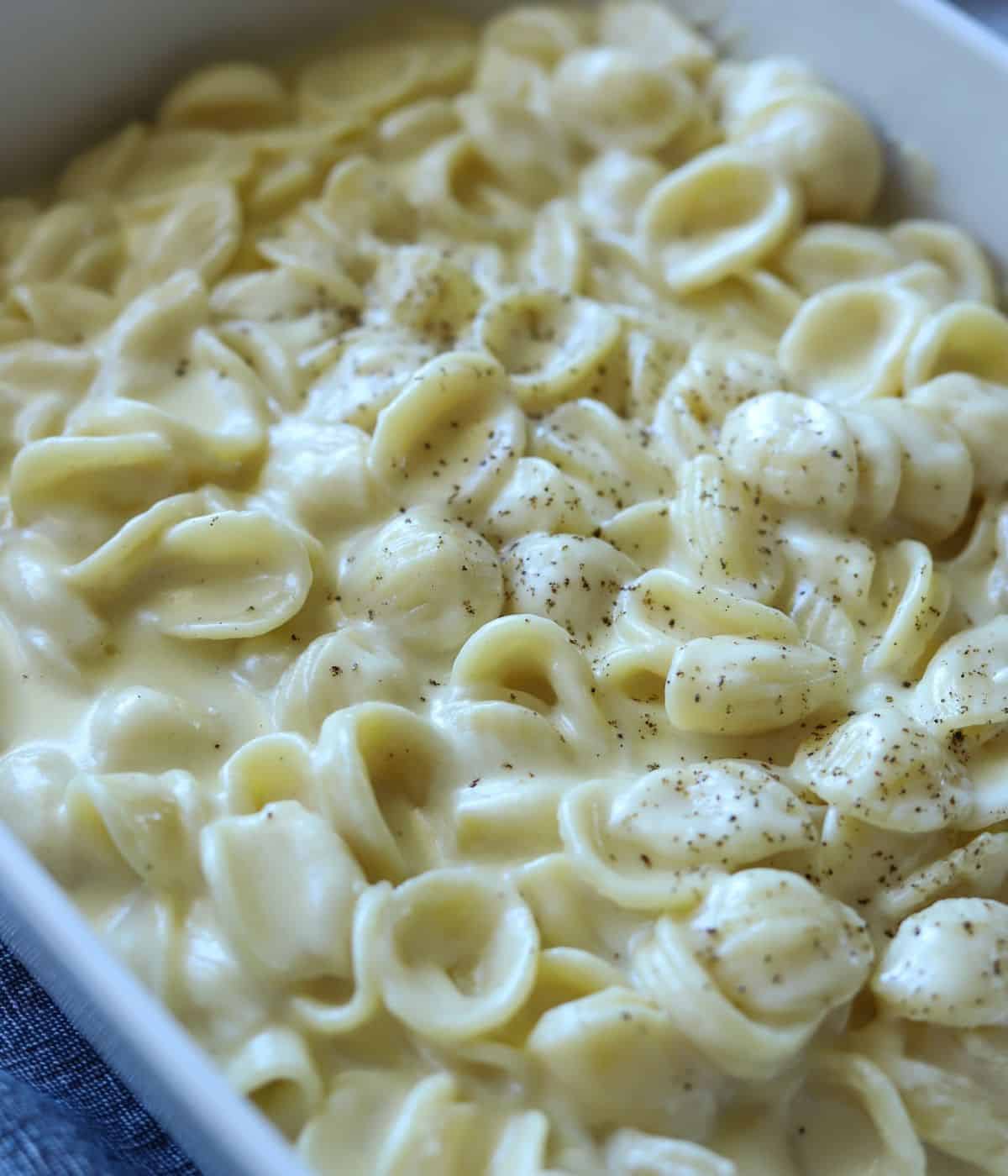 close up of white cheddar macaroni and cheese in casserole dish