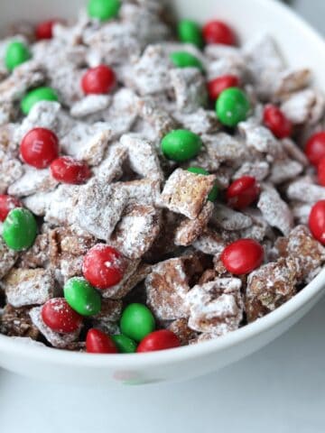 close up of christmas puppy chow in bowl