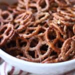 up close view of crack pretzels in white bowl