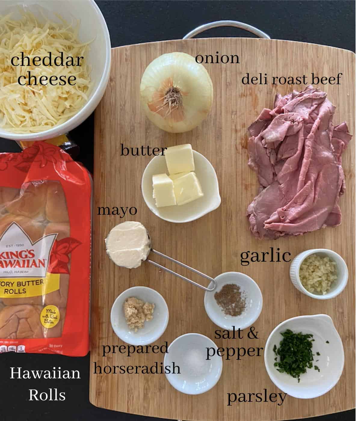 roast beef slider ingredients on cutting board with text