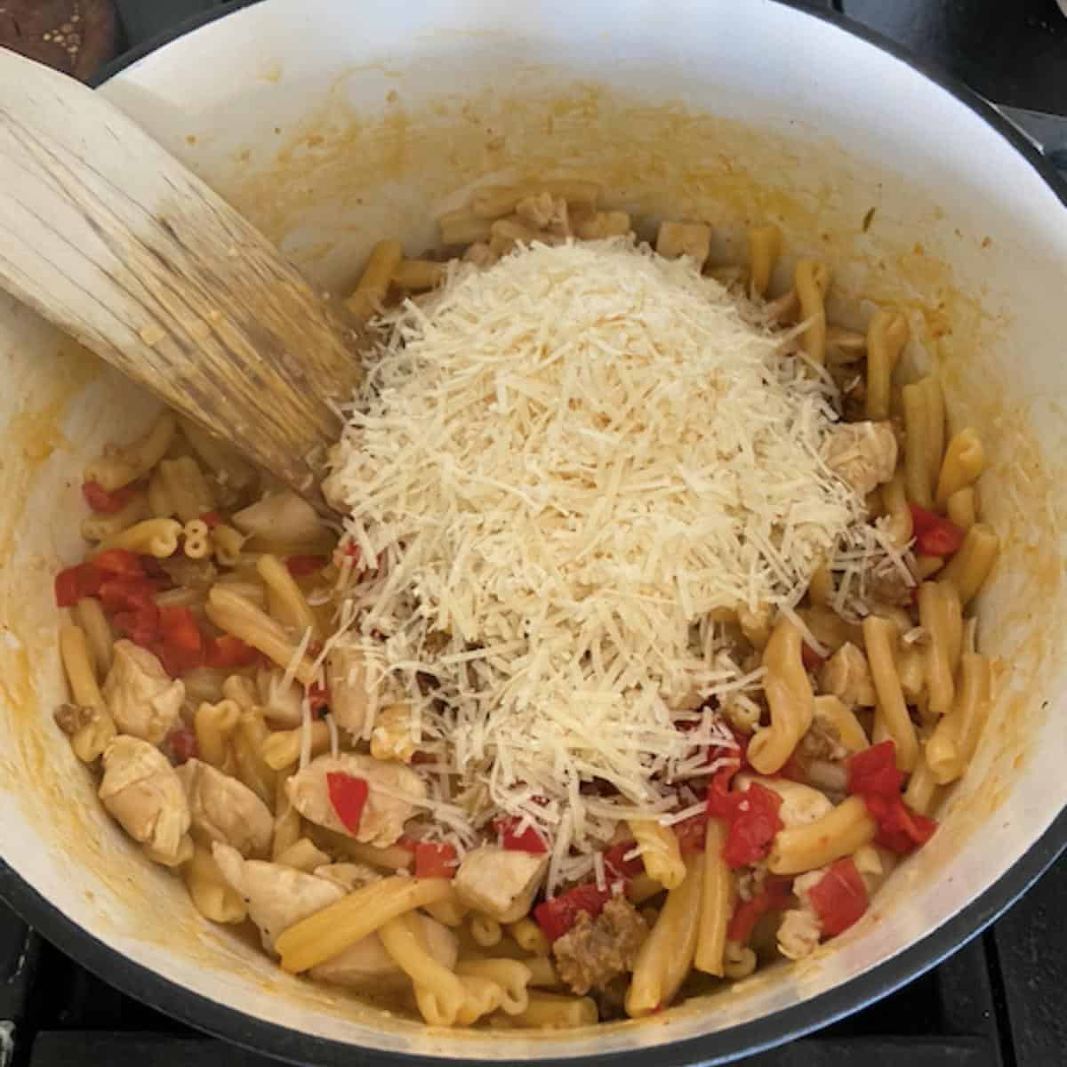 cheese added to the top of the pasta in dutch oven