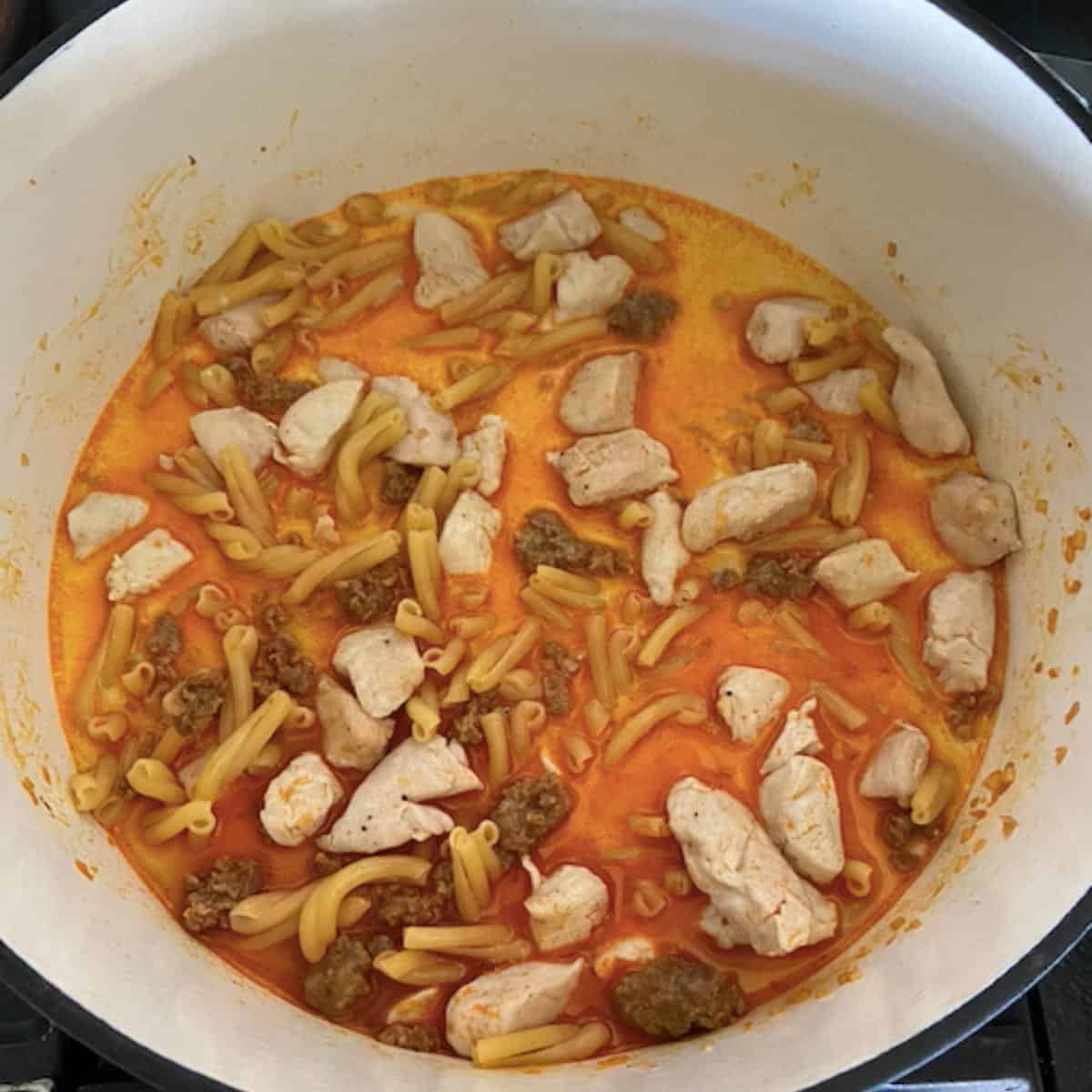 pasta, chicken, chicken stock and cream all added into pot
