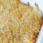 up close view of hash brown casserole with panko topping
