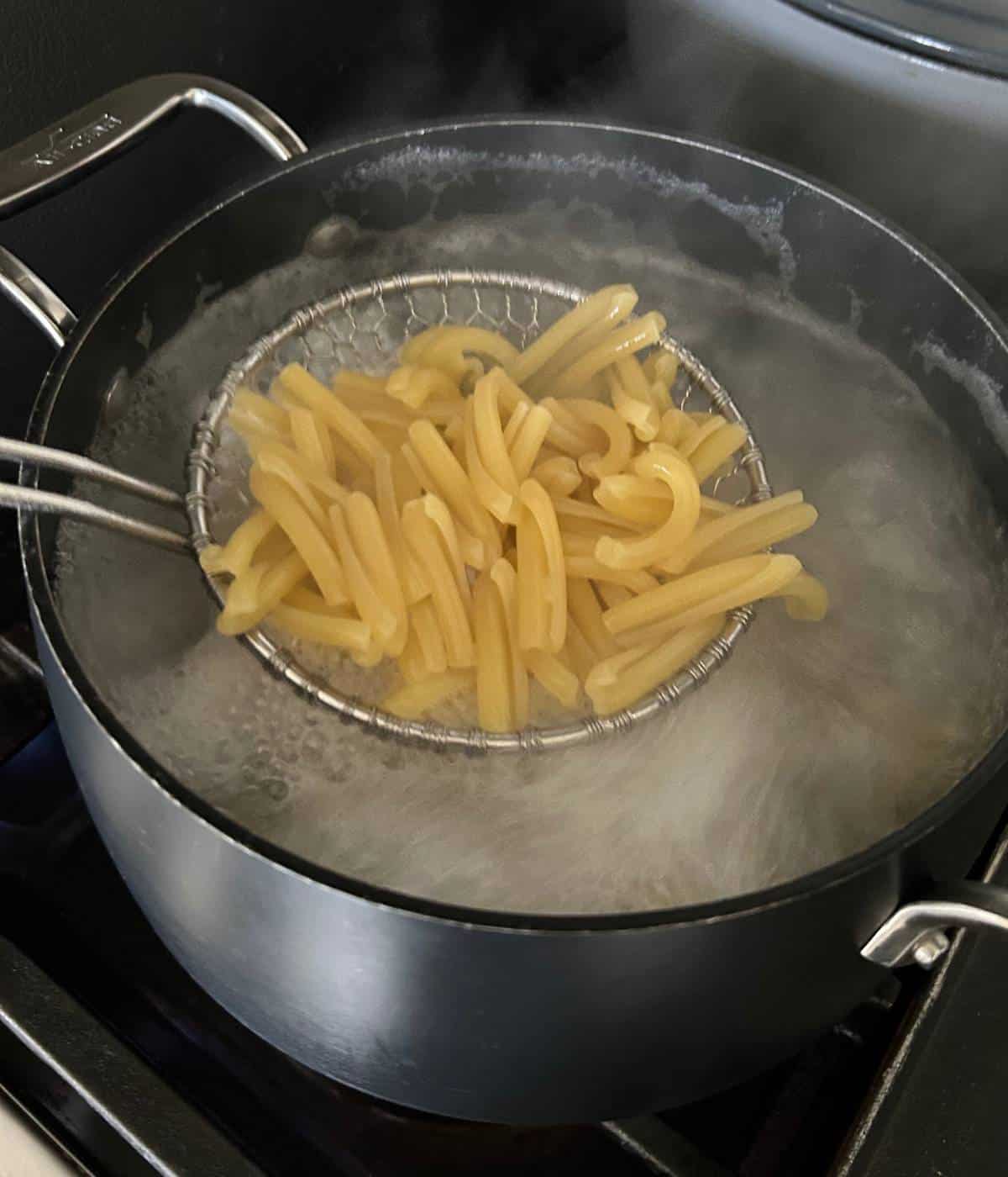 Pasta cooking in pot.