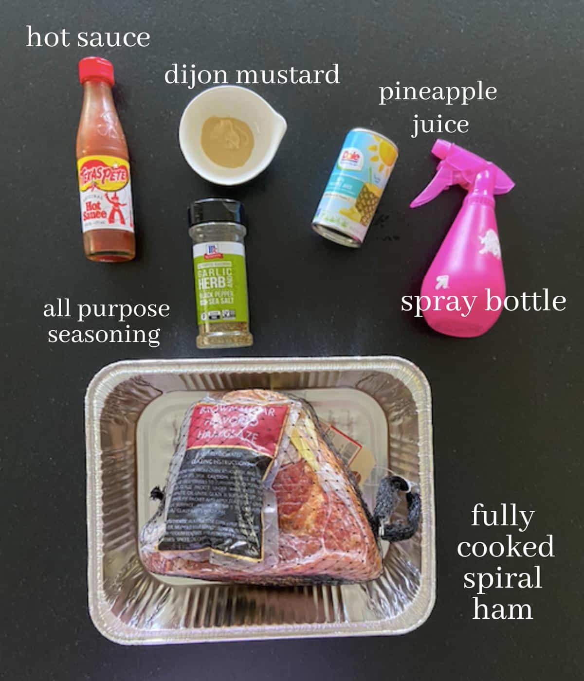 ingredients for double smoked ham on black countertop with text