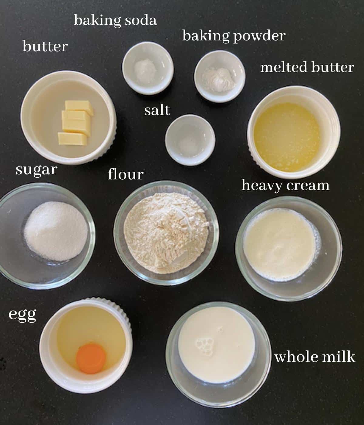 Sweet cream pancake ingredients on black countertop with text.