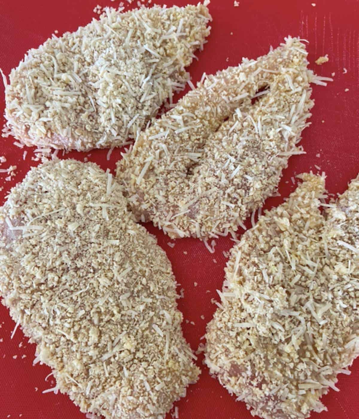 Chicken breasts ready to fry.