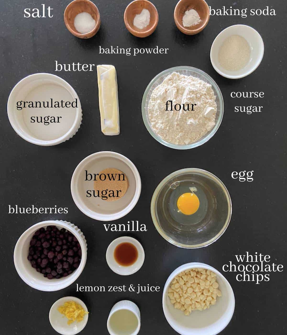 Lemon blueberry cookie ingredients on countertop.